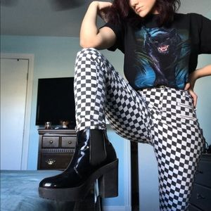 Checkerboard print high waisted jeans